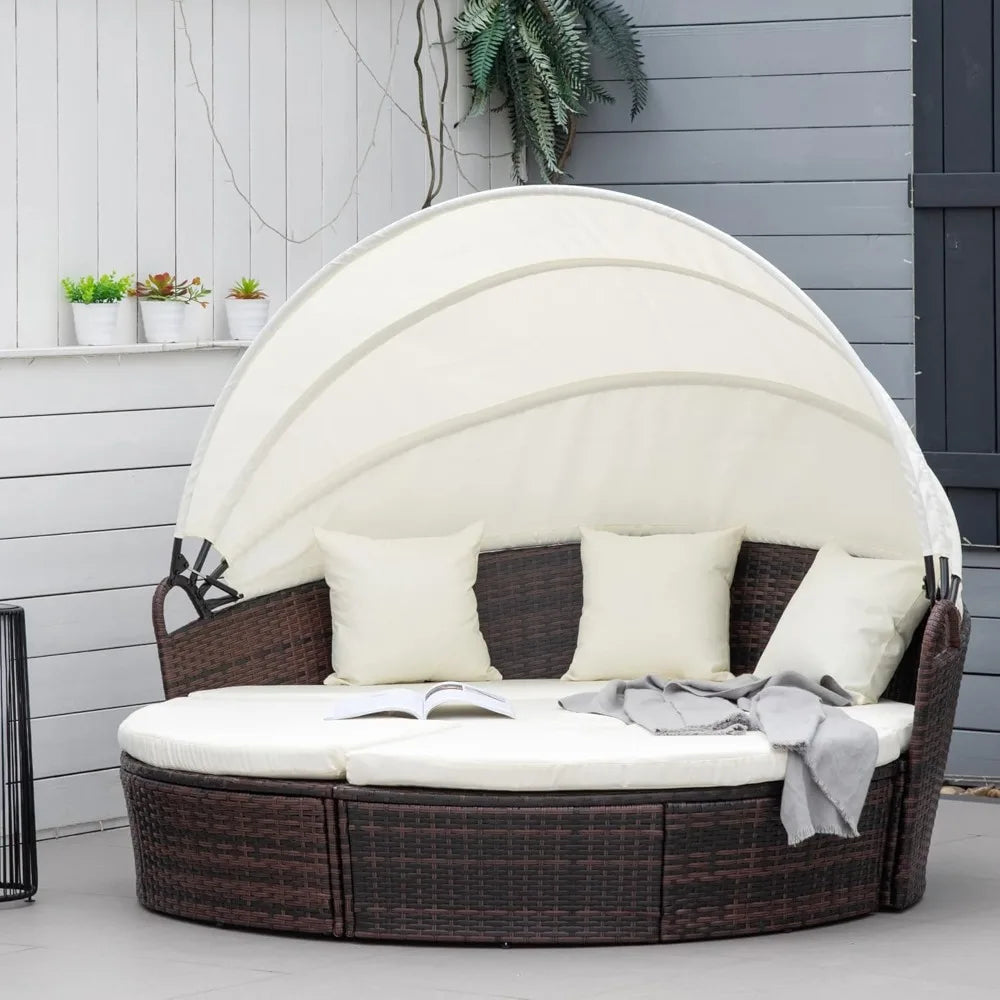 Round Convertible Outdoor Daybed Set With Canopy And Cushions