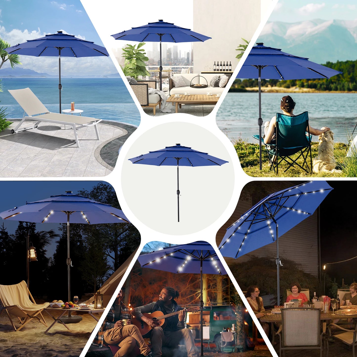 JHK 3-Tier Outdoor Patio Umbrella With Solar LED Lights