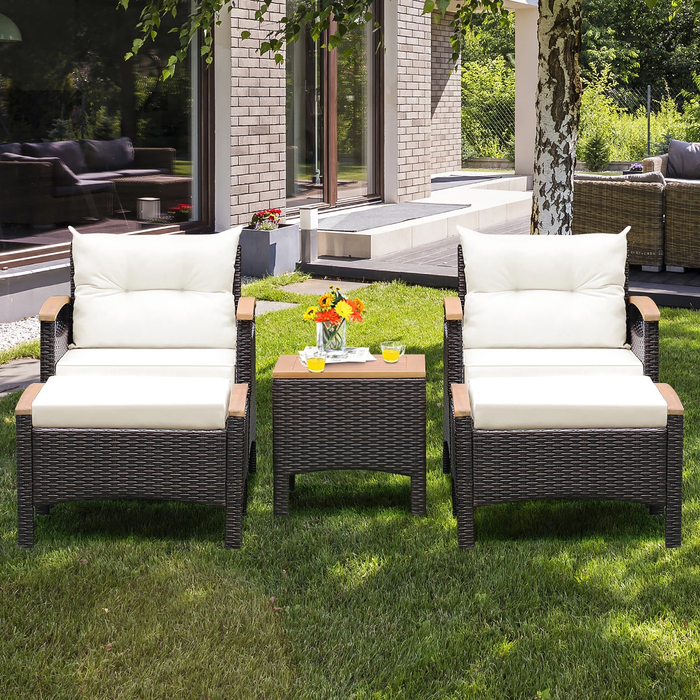 HOMASIS Patio Rattan Furniture Set Cushioned Sofas And Wood Table