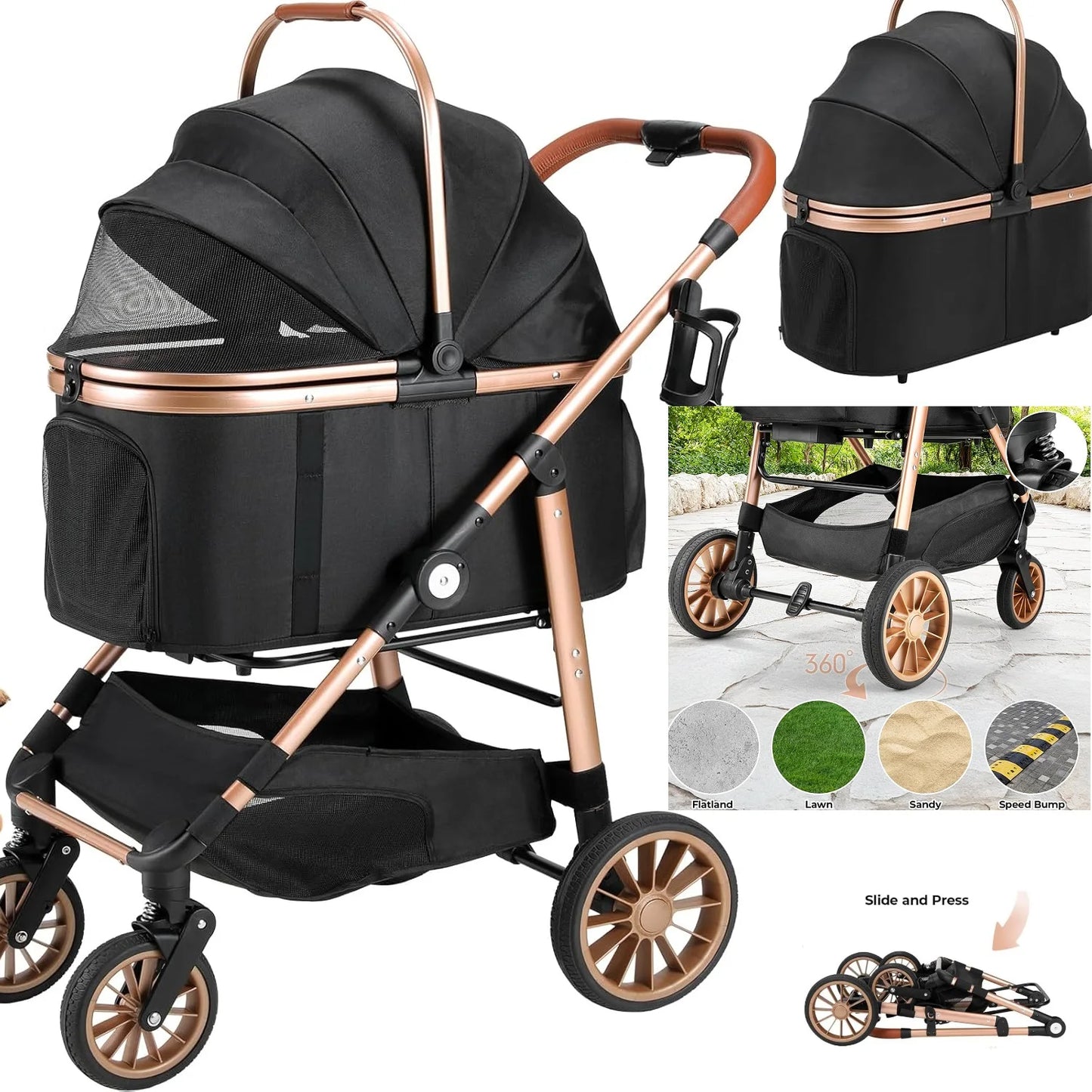 Foldable 360 Degree Wheel Cat And Dog Stroller 25kg Capacity