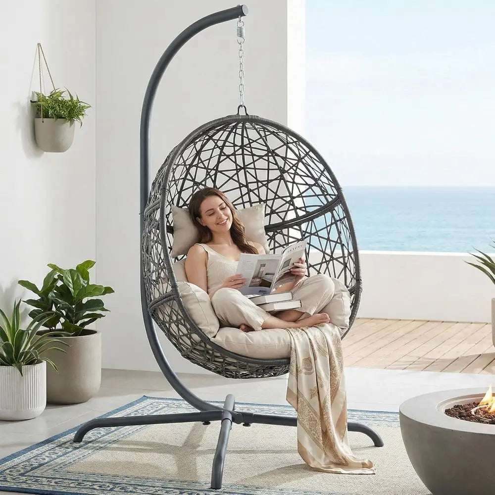 Oversized Rattan Egg Chair With Stand For Outdoor Indoor Use