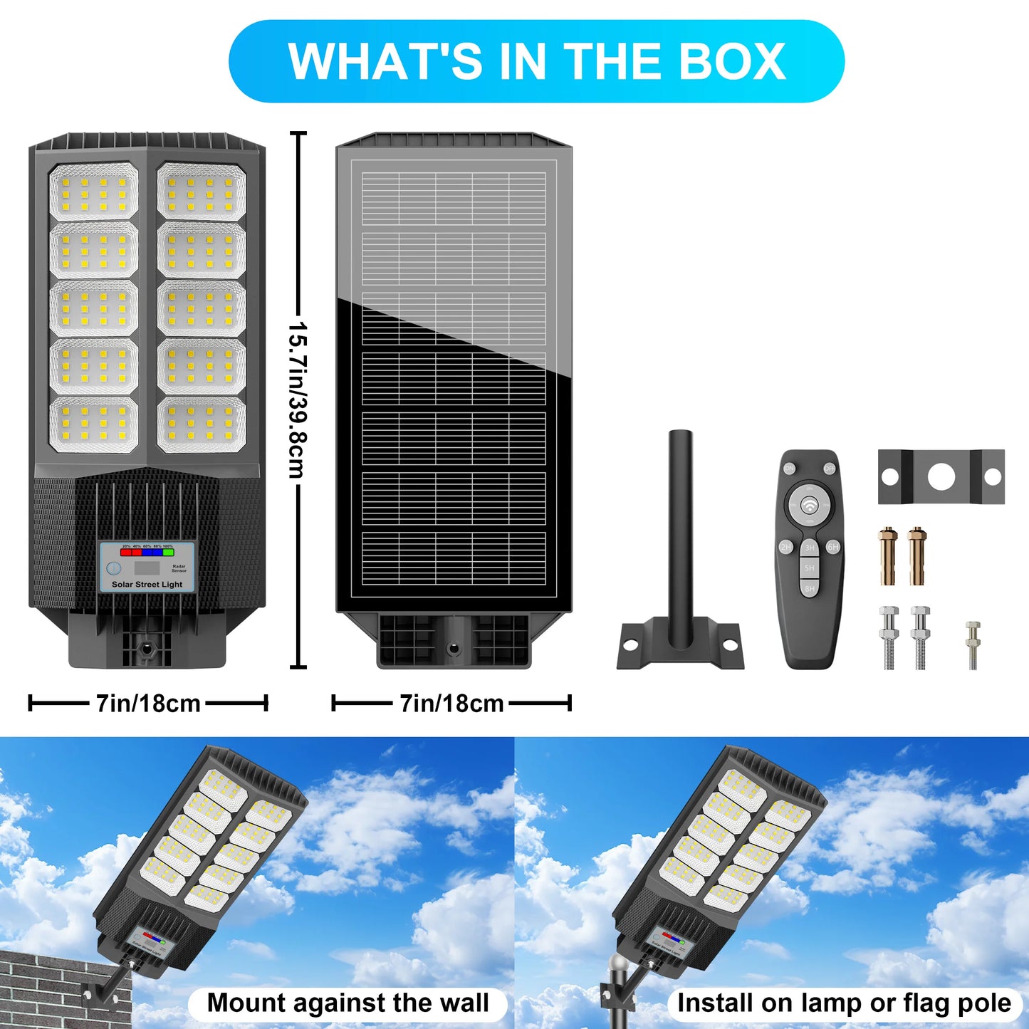 2-Pack 3000W Solar Street Lights IP65 Dusk-To-Dawn Motion Sensor