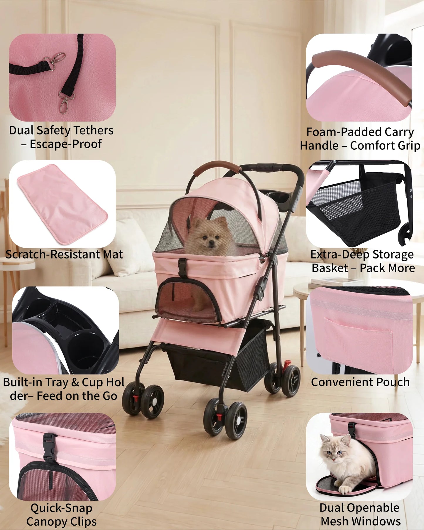 Cabusatly Portable Pet Stroller With Removable Pet Carrier