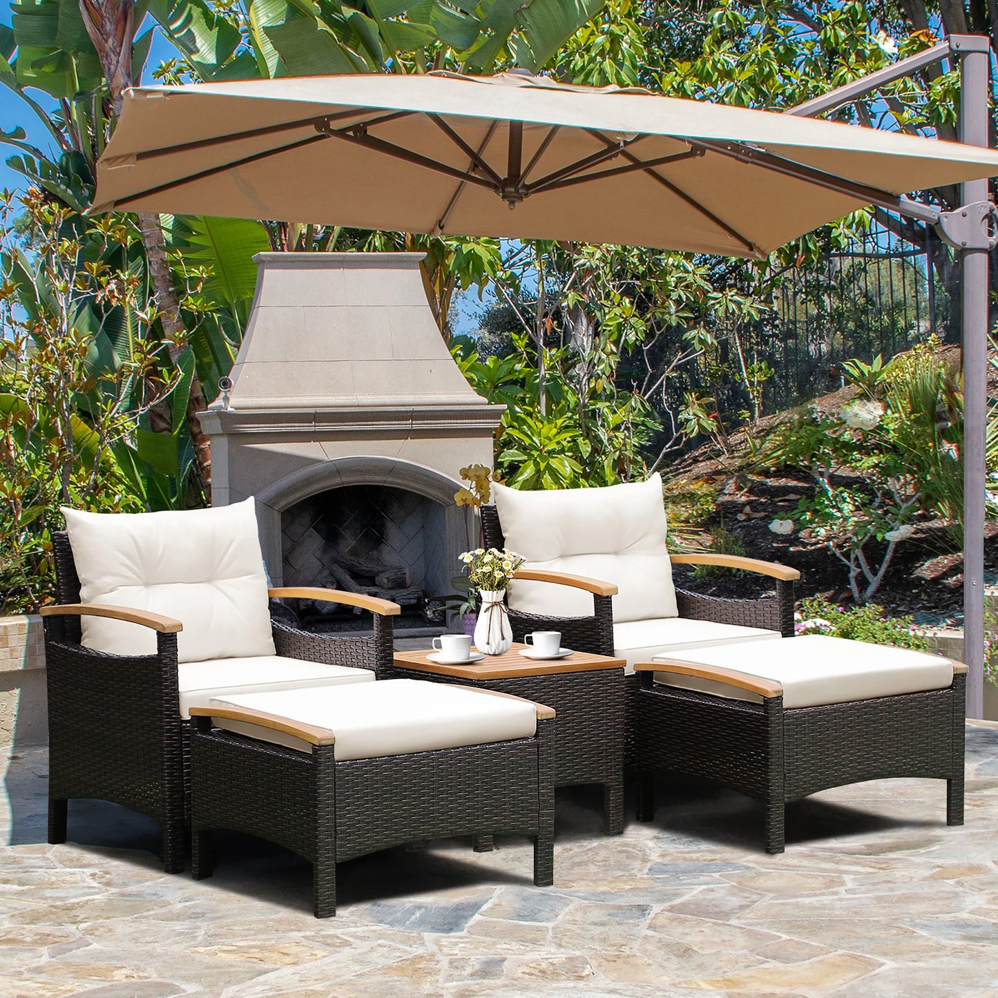 HOMASIS Patio Rattan Furniture Set Cushioned Sofas And Wood Table