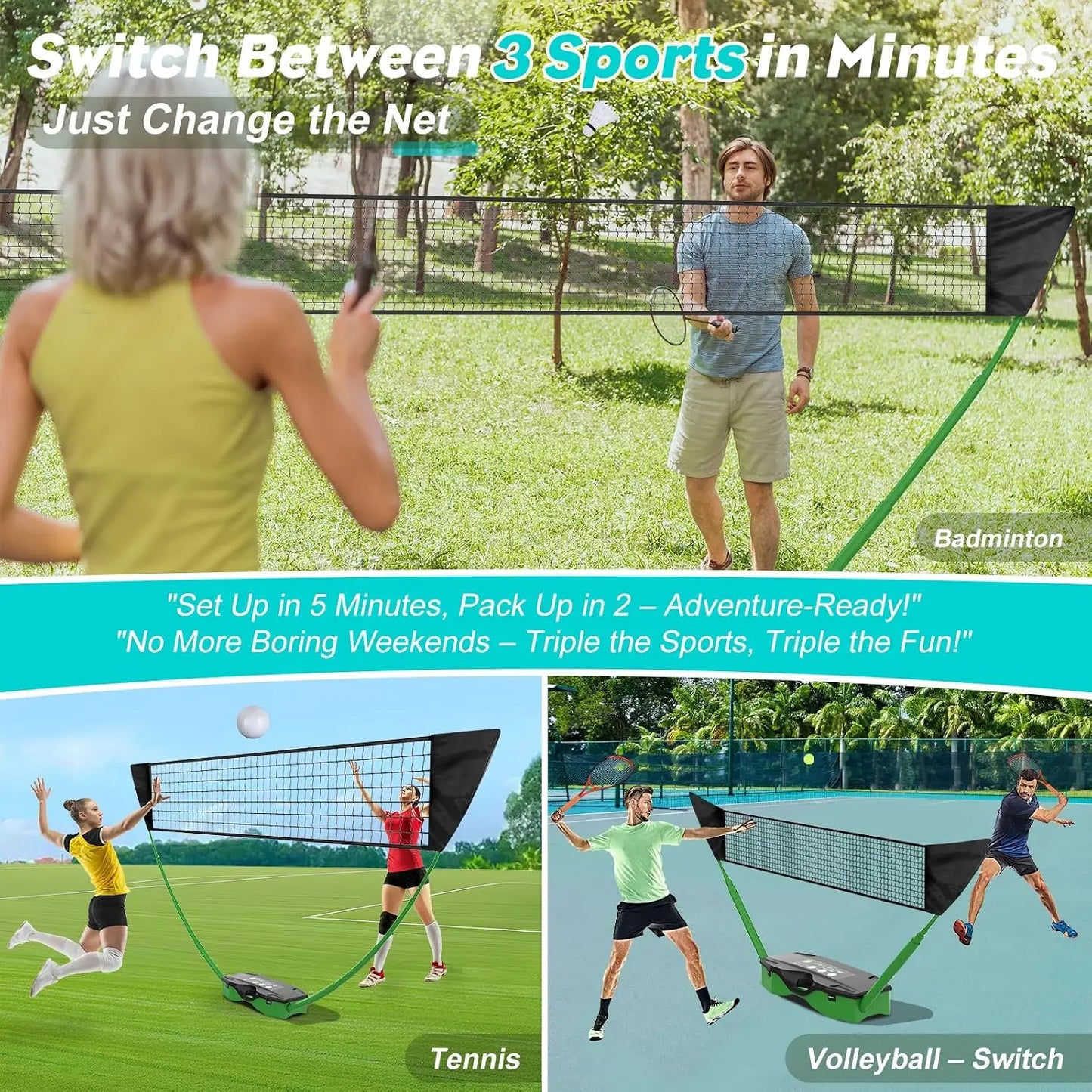 3 In 1 Outdoor Sports Set With Volleyball Badminton And Tennis Nets