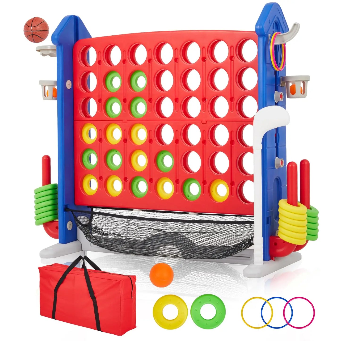 HiMISS Giant 4 In A Row Game Set 4-In-1 Jumbo Yard Game With Basketball Hoop