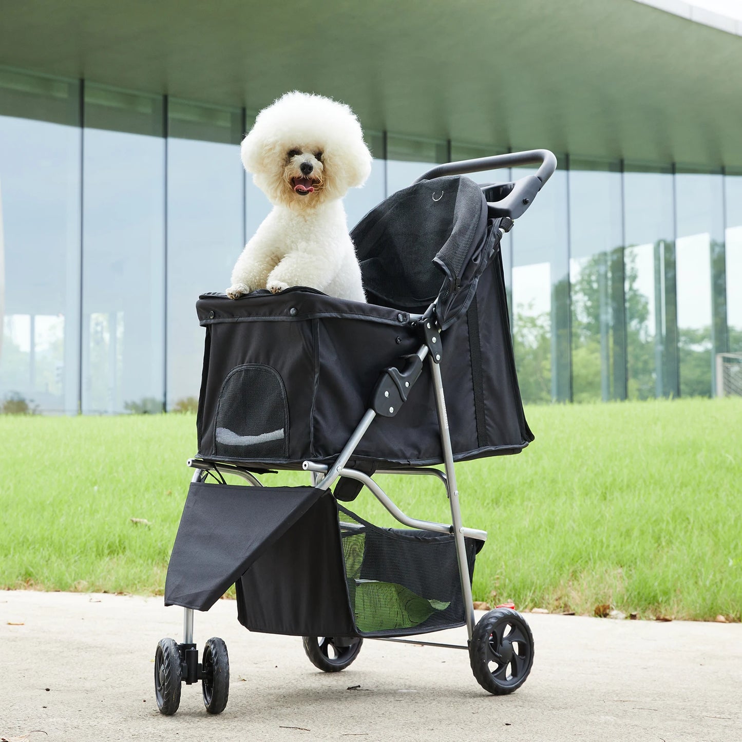 Foldable Three Wheel Pet Stroller For Small Dogs And Cats With Mesh Windows