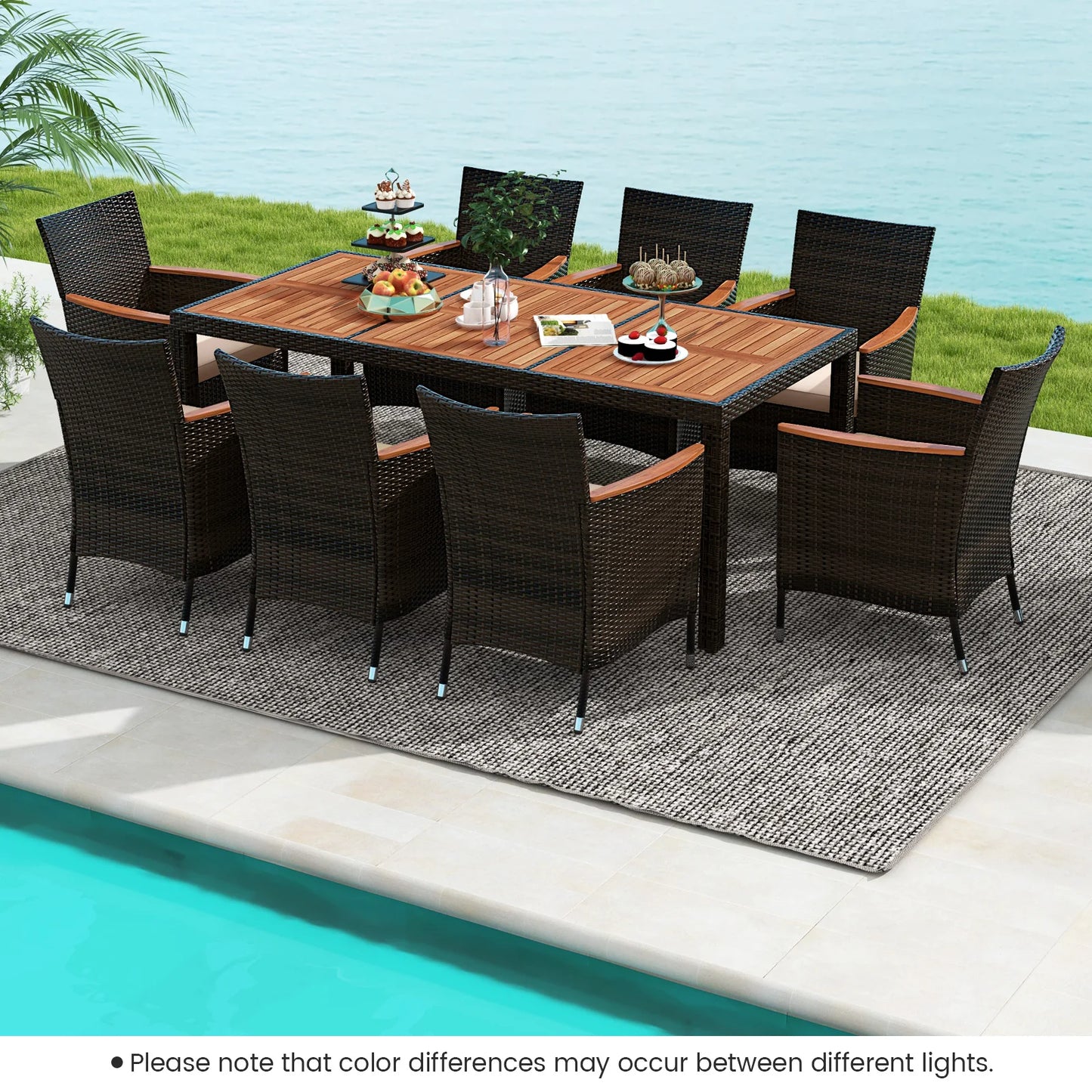 HOMASIS 9-Piece Patio Wicker Dining Set With Acacia Table