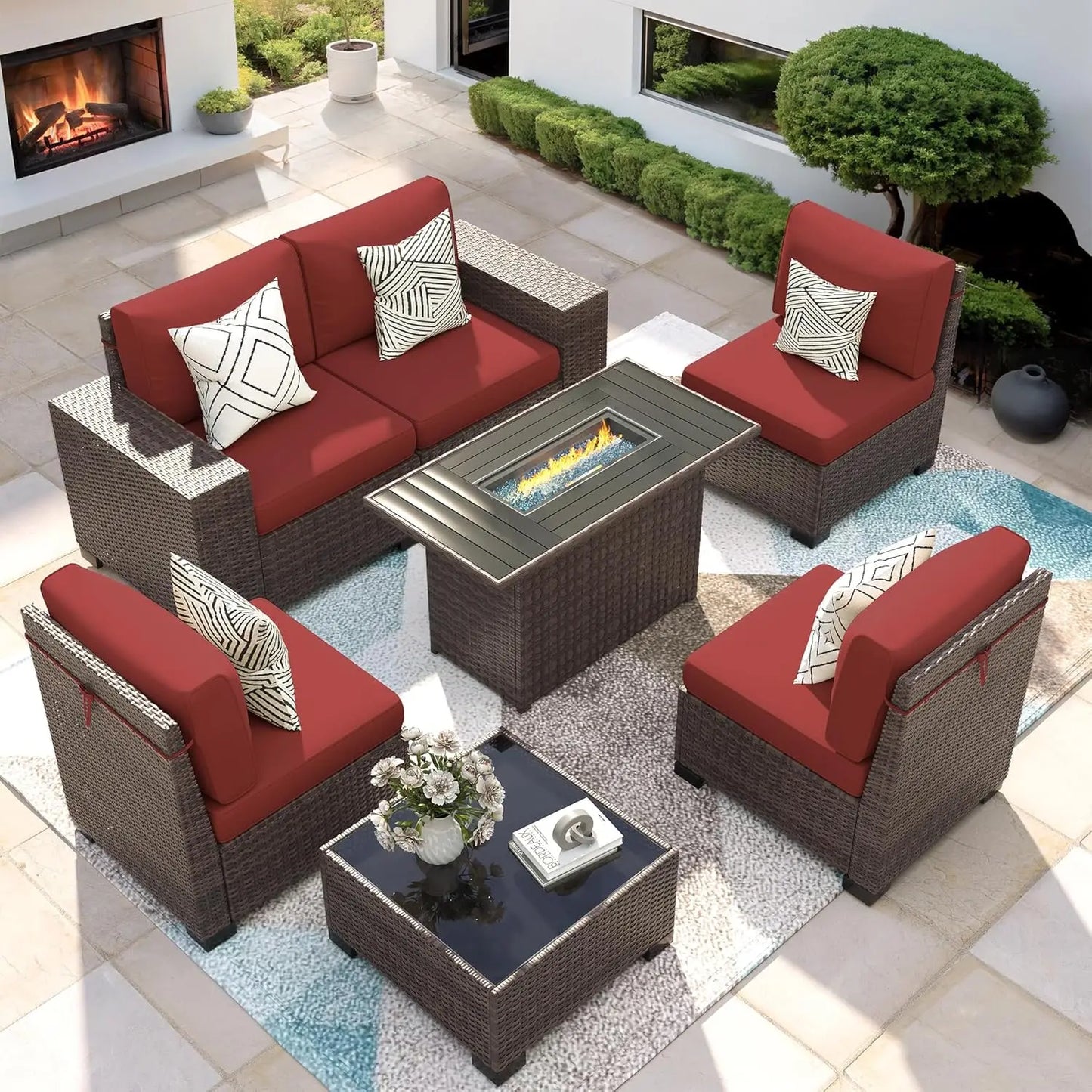XIAOLANG Patio 7Piece Outdoor Wicker Sectional Set With Fire Pit