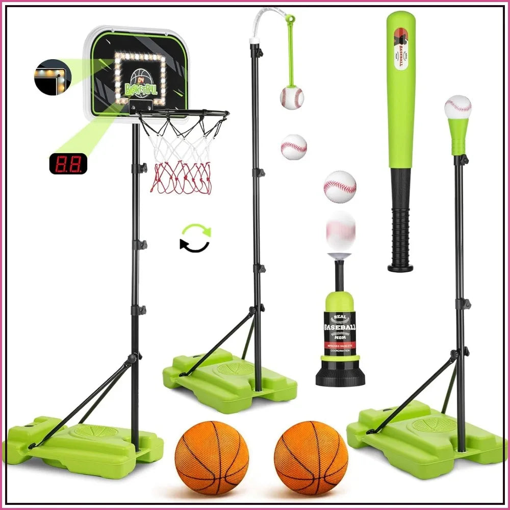 4 In 1 Kids Basketball Hoop T Ball Set With LED Scoreboard For 3 To 12 Year Olds