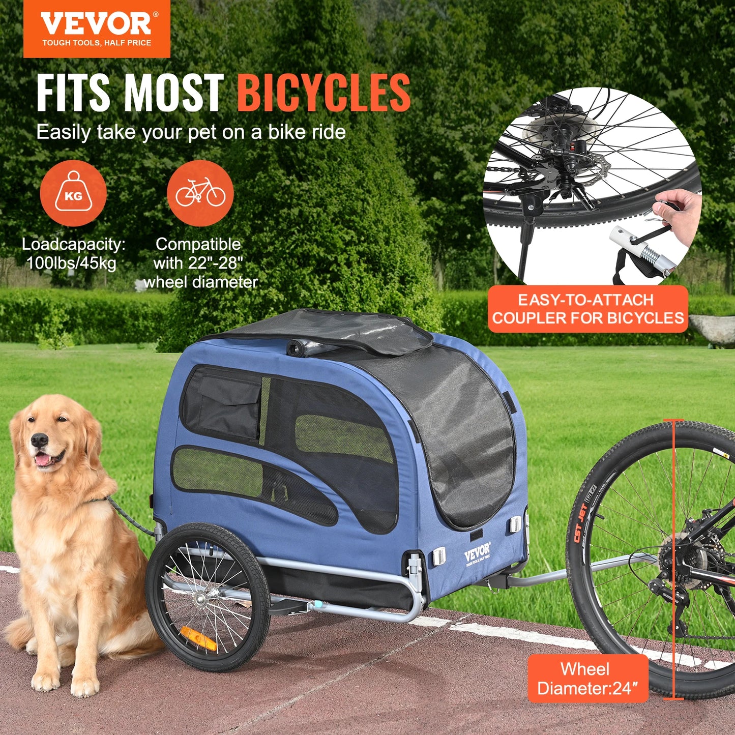 Pet Cart Bicycle Carrier for Dogs, Collapsible Bike Trailer