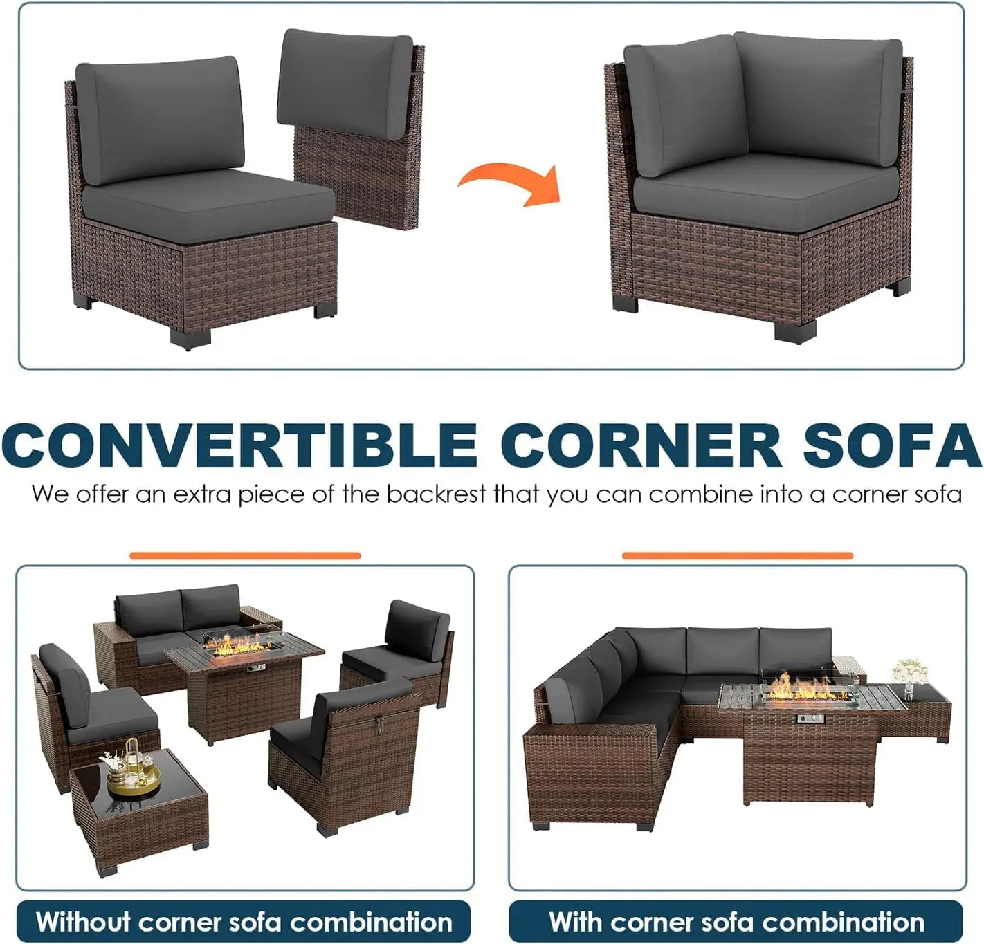 XIAOLANG Patio 7Piece Outdoor Wicker Sectional Set With Fire Pit