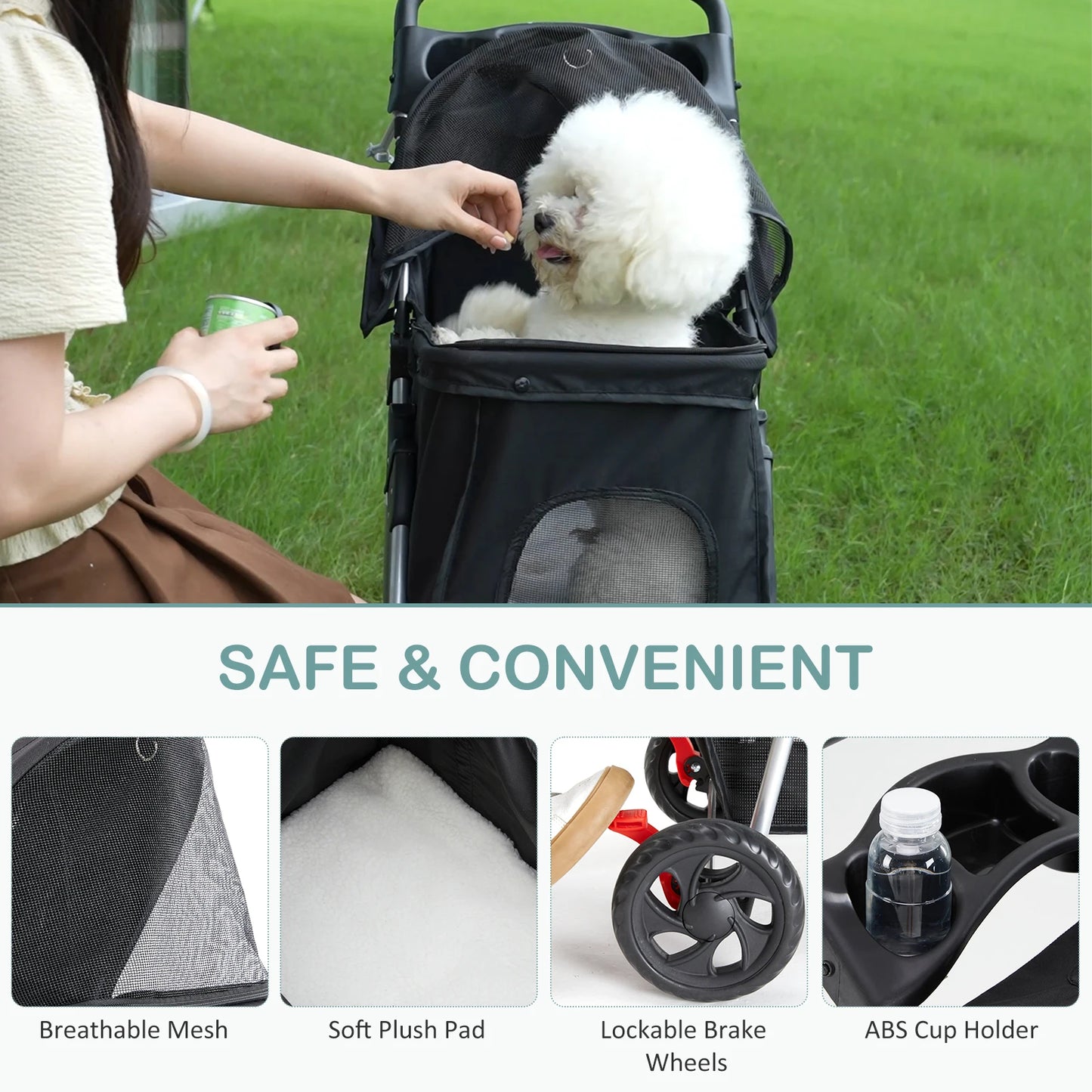 Foldable Three Wheel Pet Stroller For Small Dogs And Cats With Mesh Windows