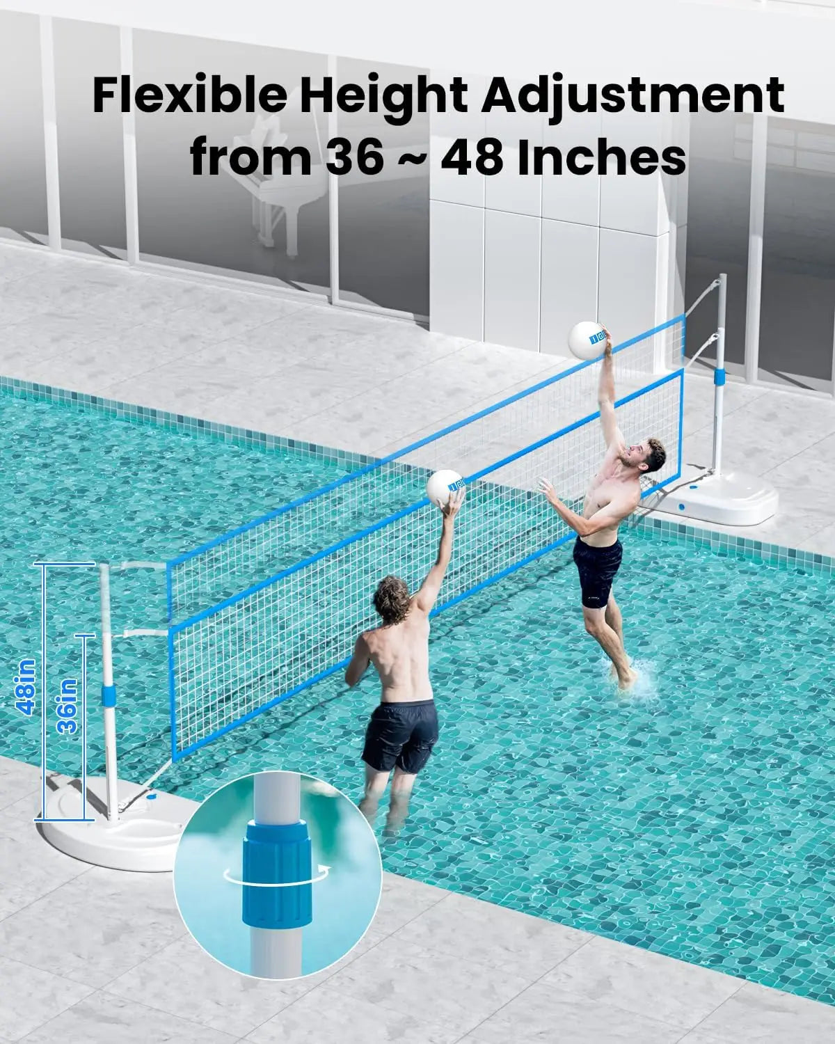 Pool Volleyball Set With Height Adjustable Net And Stainless Frame