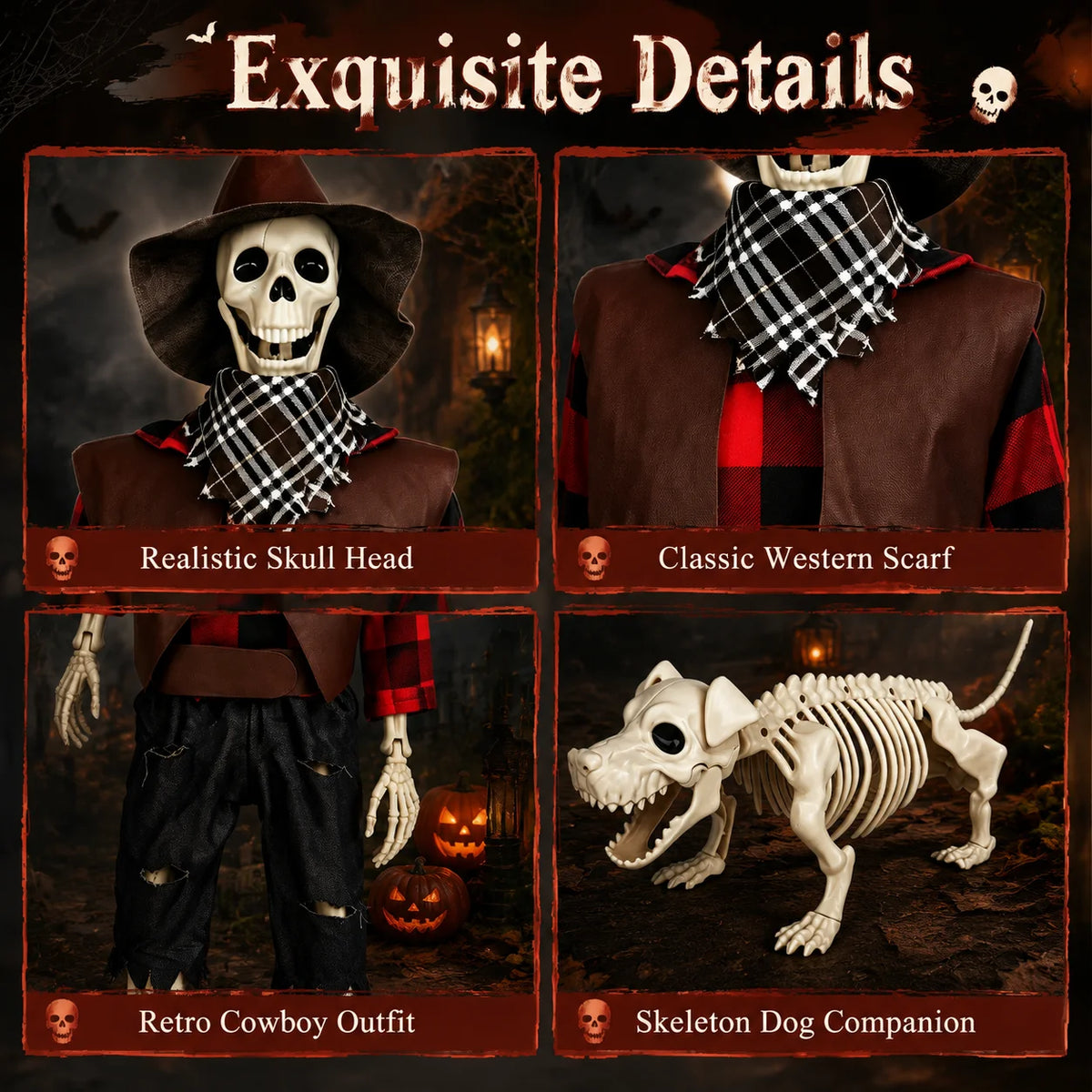 Posable Cowboy Skeleton and Dog Halloween Yard Decorations
