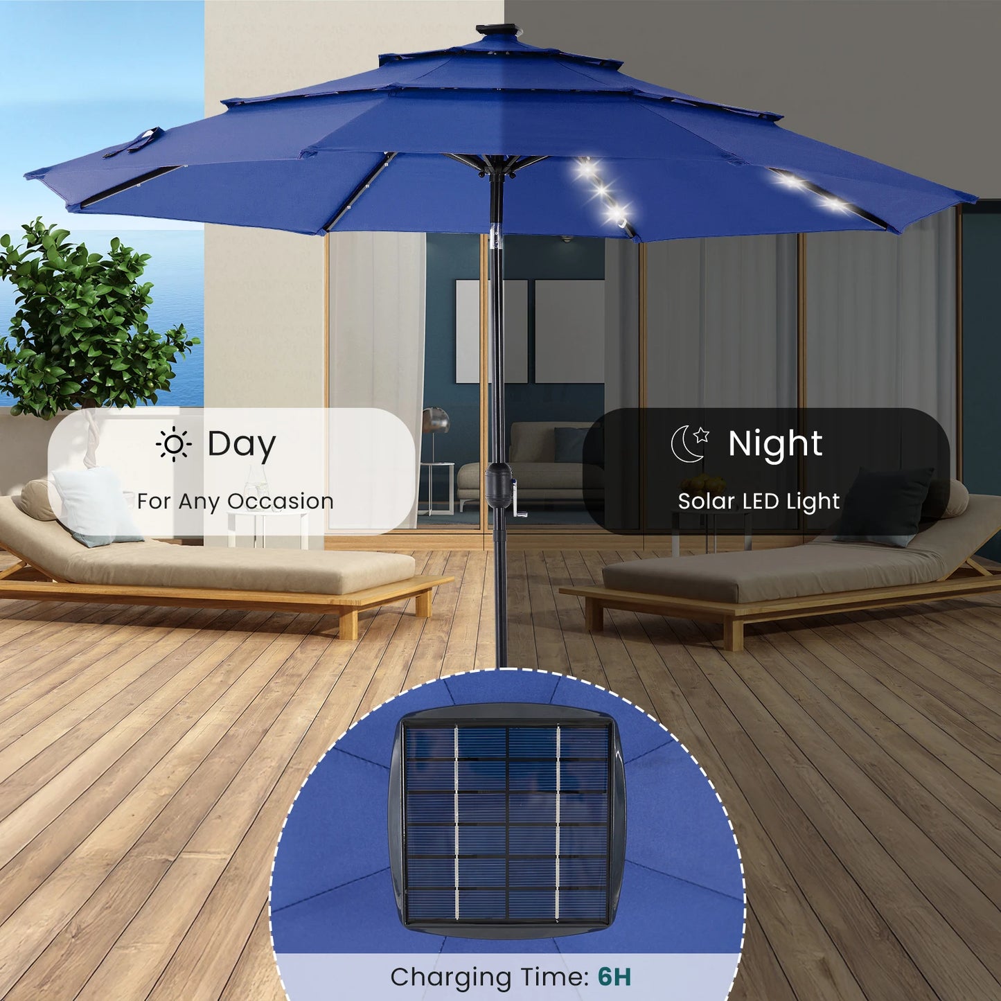 JHK 3-Tier Outdoor Patio Umbrella With Solar LED Lights