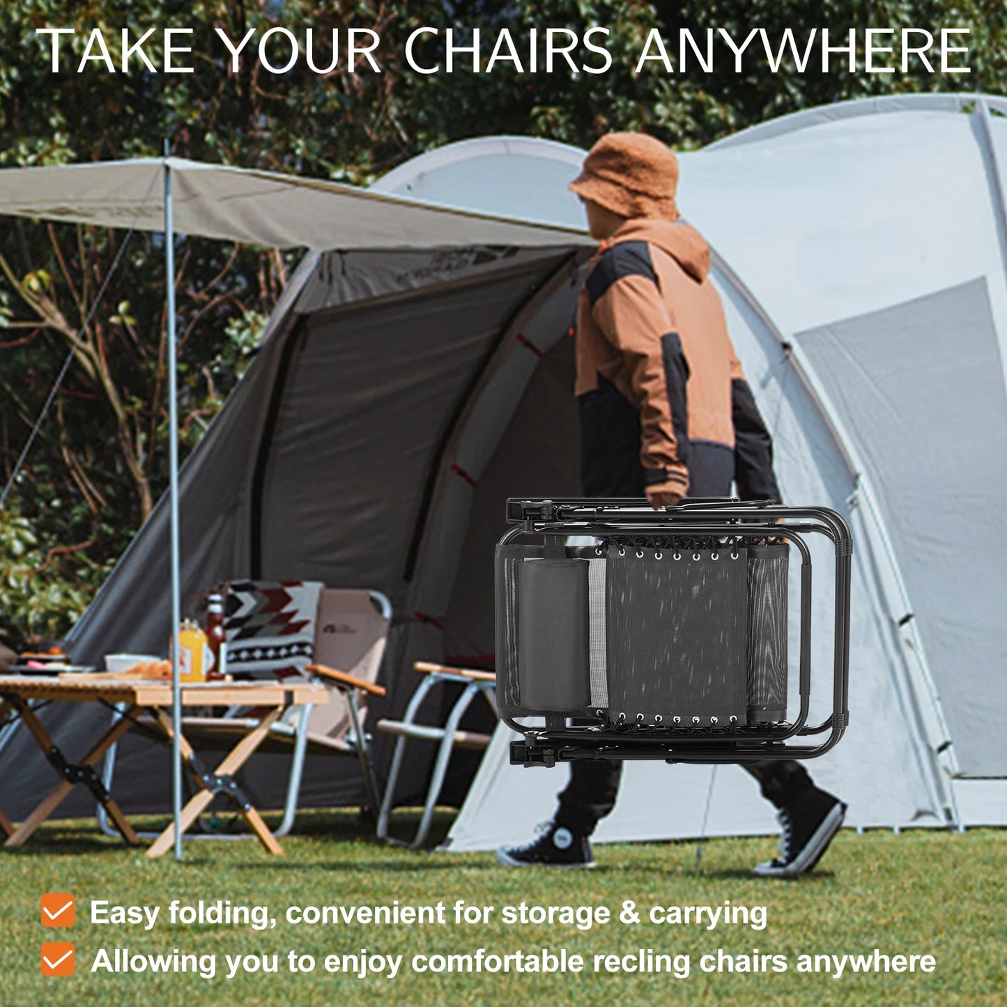 JHK Zero Gravity Portable Recliner With Cup Holder Trays