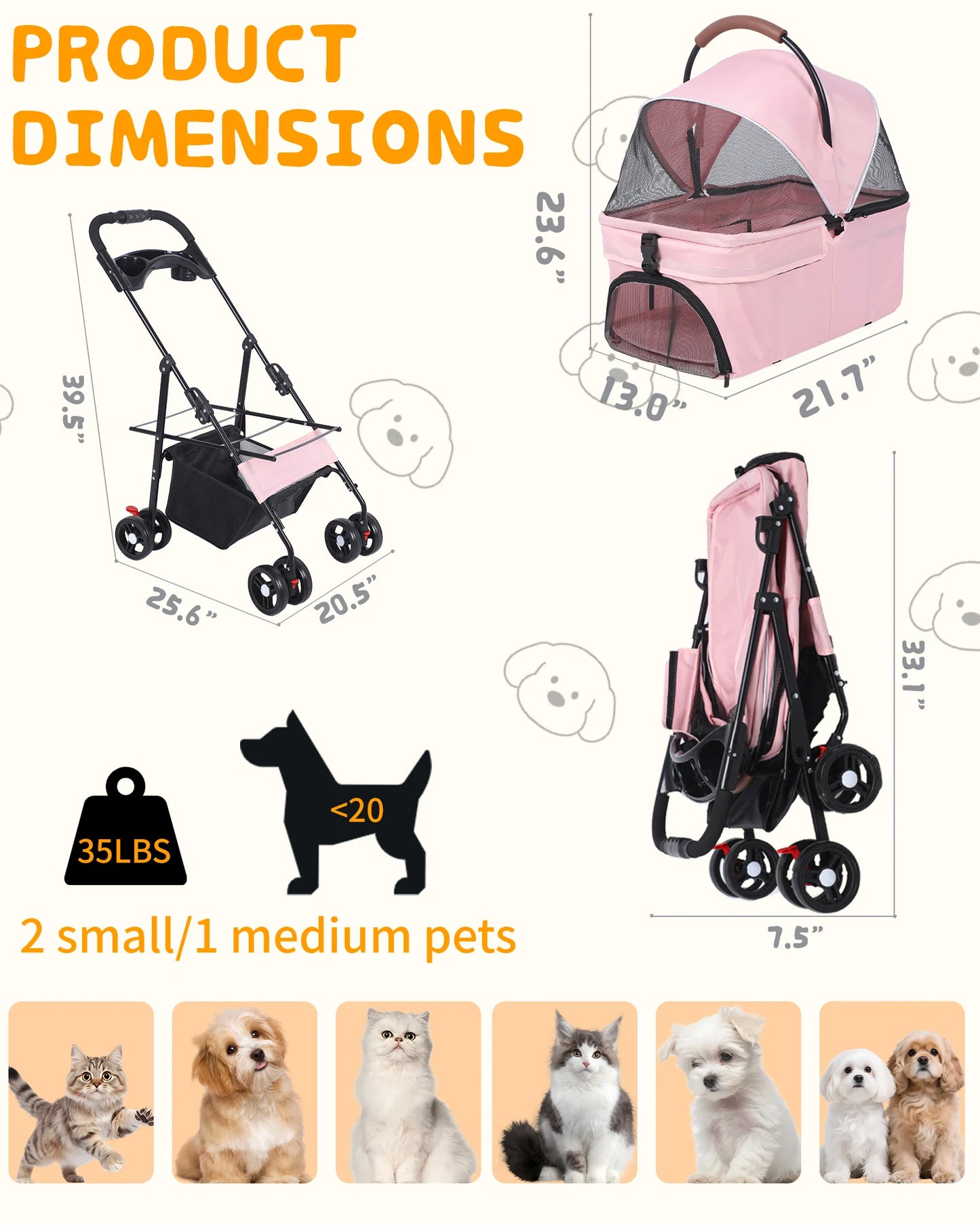 Cabusatly Portable Pet Stroller With Removable Pet Carrier