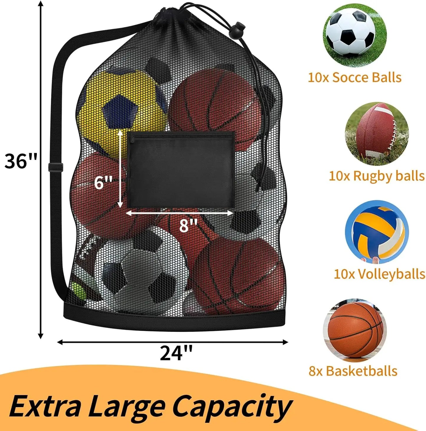 Heavy Duty Mesh Ball Bag With Strap Holds 8 Basketballs Or 10 Balls