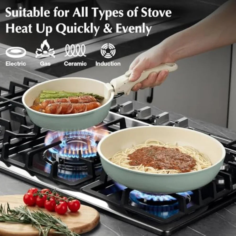 Ceramic Nonstick Cookware Set With Detachable Handle Induction Compatible