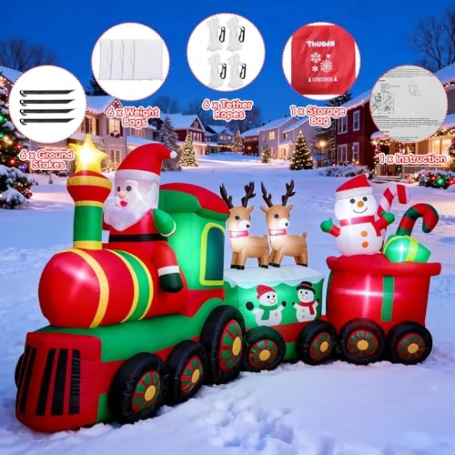OLOEY Outdoor Christmas Inflatable Train With Santa Reindeer And Snowman