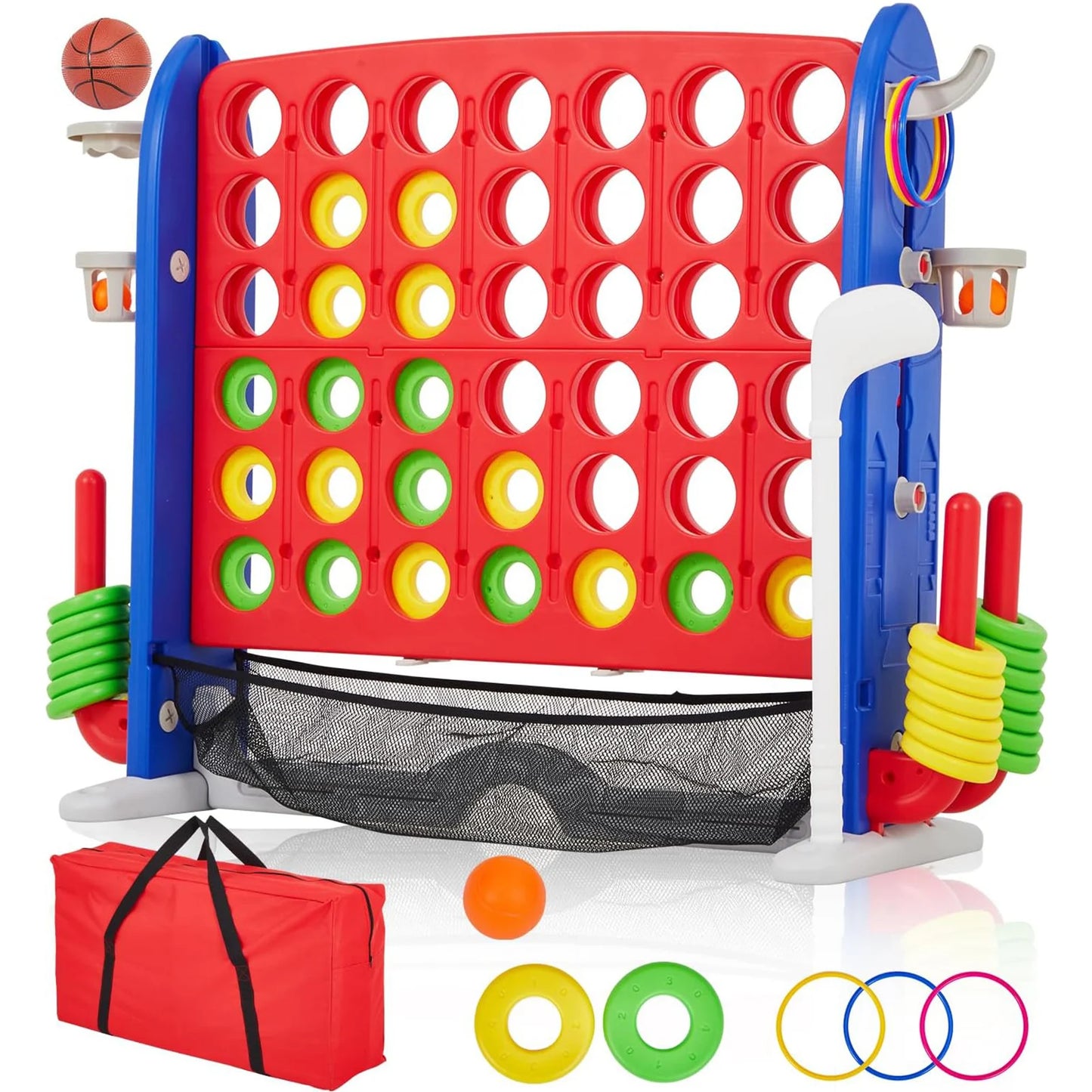 HiMISS Giant 4 In A Row Game Set 4-In-1 Jumbo Yard Game With Basketball Hoop