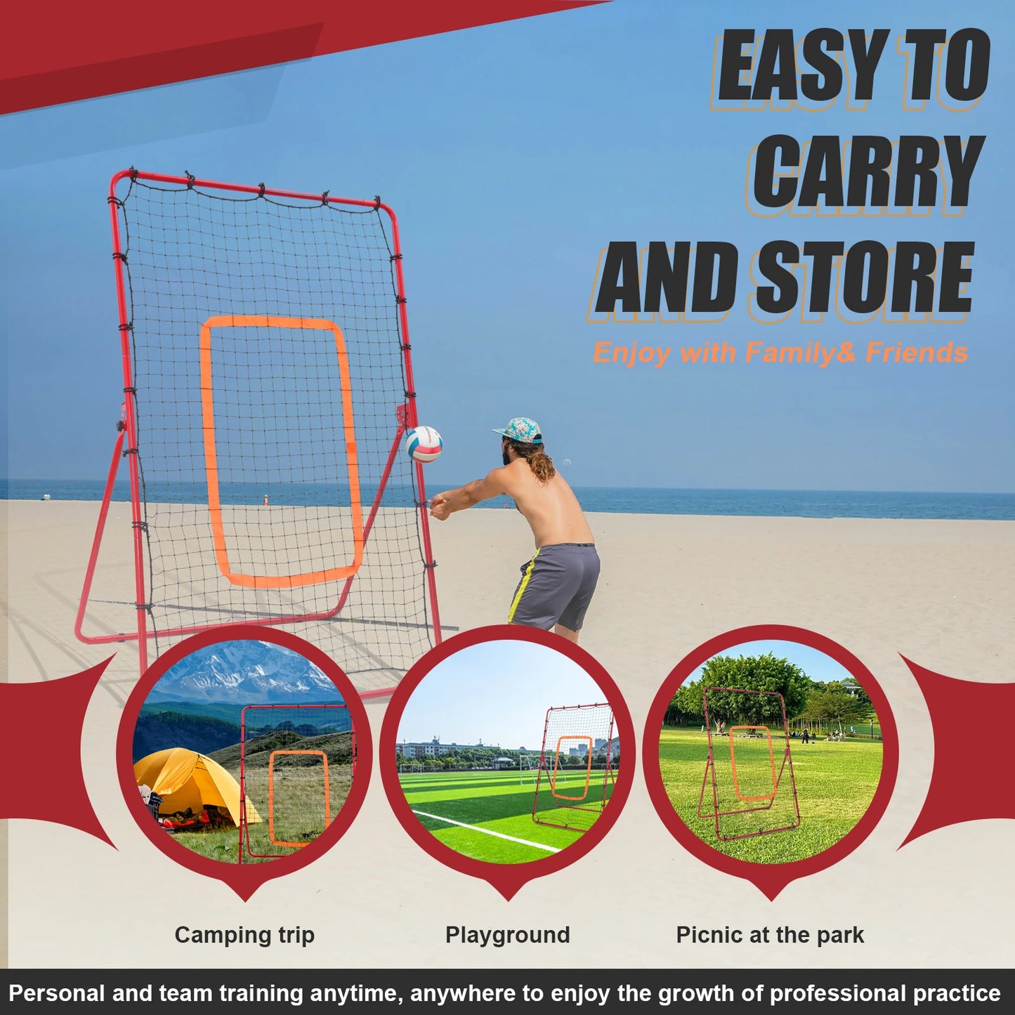 Volleyball Rebounder Net Practice Heavy Duty Steel Frame Adjustable Angles