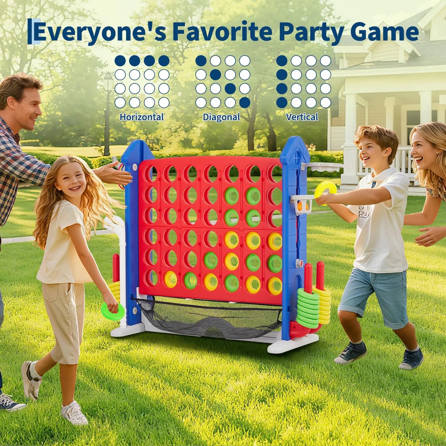 HiMISS Giant 4 In A Row 4 In 1 Yard Game Set With Basketball Hoop Ring Toss