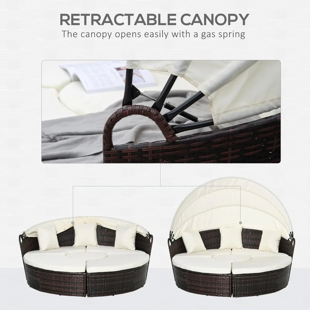 Round Convertible Outdoor Daybed Set With Canopy And Cushions