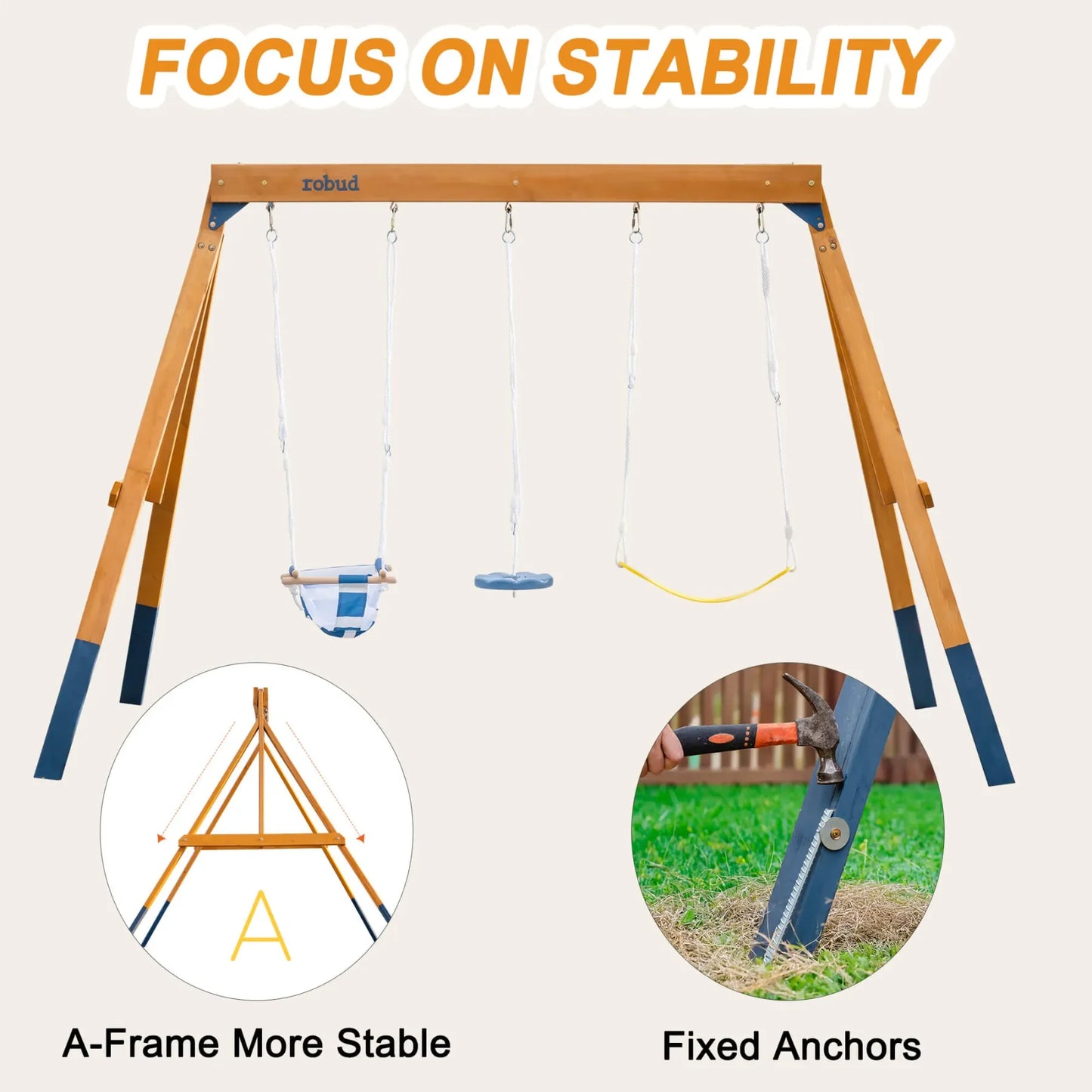 Robotime Robud 3-in-1 Playground Swing Set for Backyard Fun