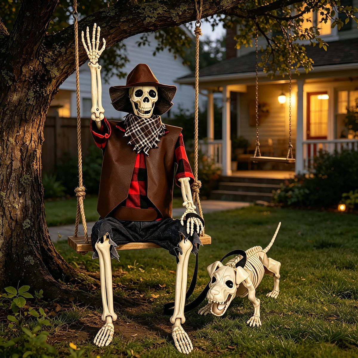 Posable Cowboy Skeleton and Dog Halloween Yard Decorations