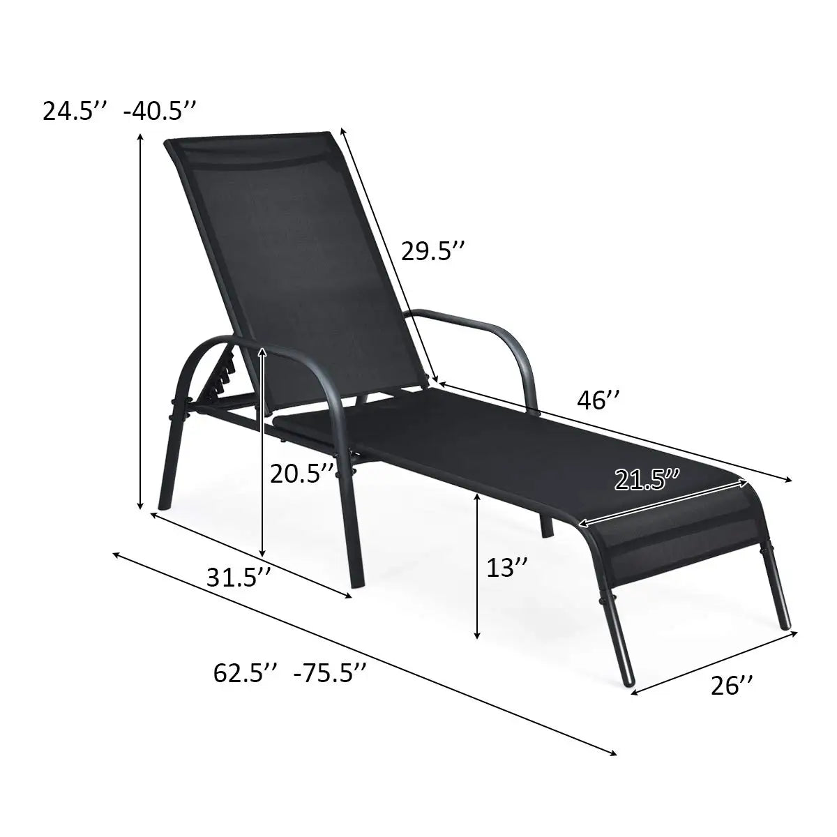 Adjustable Backrest Patio Outdoor Lounge Chairs 2Pack With Reclining Frame