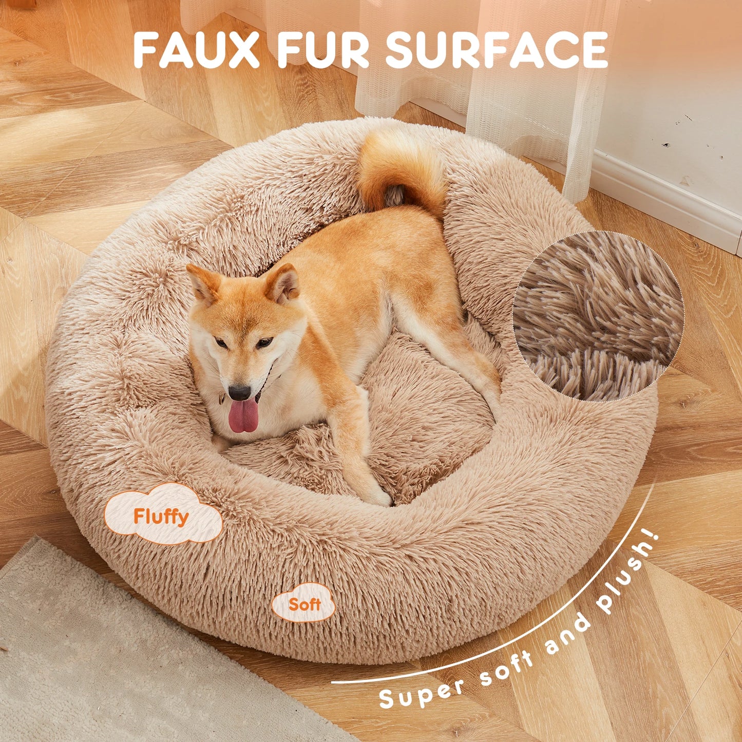JHK Calming Dog Bed Washable Plush Faux Fur Anti Slip Pet Bed