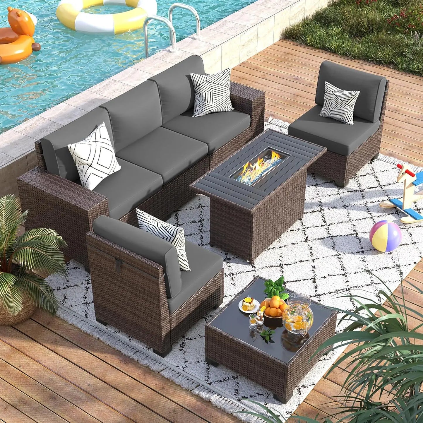 XIAOLANG Patio 7Piece Outdoor Wicker Sectional Set With Fire Pit