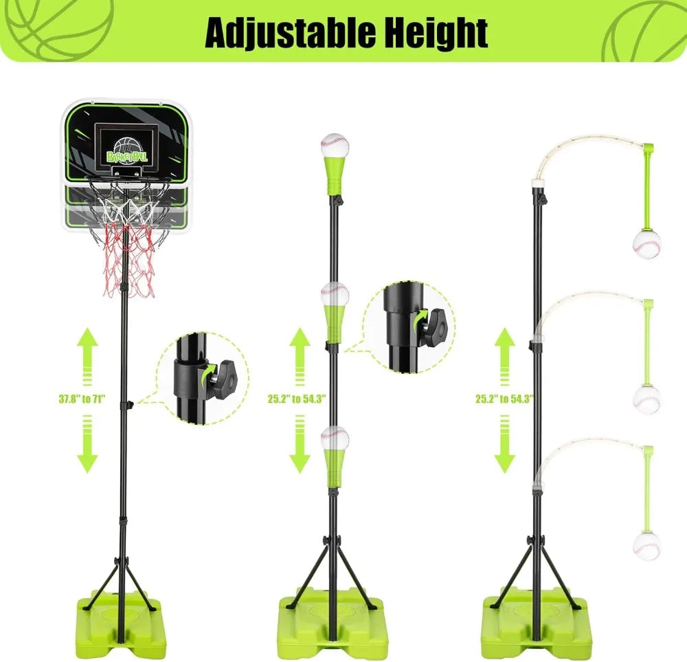 4 In 1 Kids Basketball Hoop T Ball Set With LED Scoreboard For 3 To 12 Year Olds