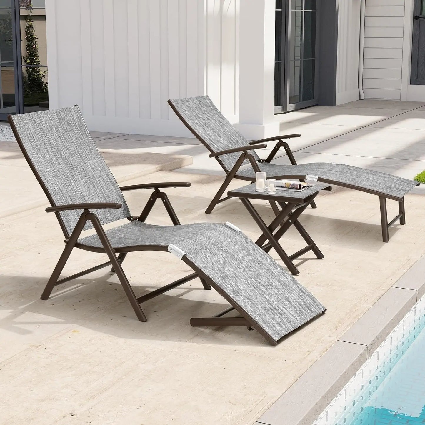 Adjustable 8-Position Aluminum Folding Chaise Lounge Outdoor Chair Set