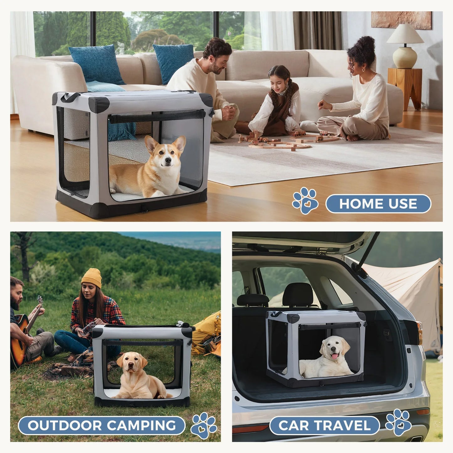 JHK Oxford Foldable Dog Crate With 3 Doors Portable Kennel Indoor