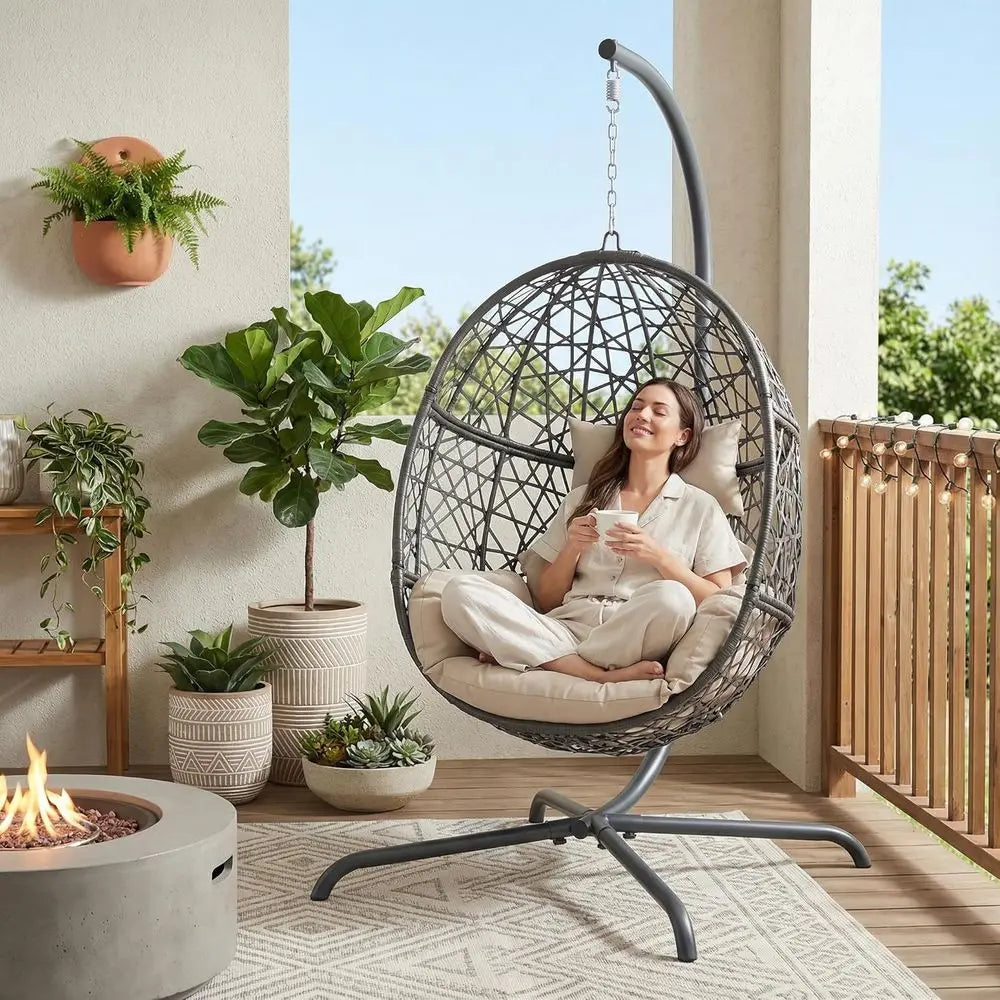 Oversized Rattan Egg Chair With Stand For Outdoor Indoor Use