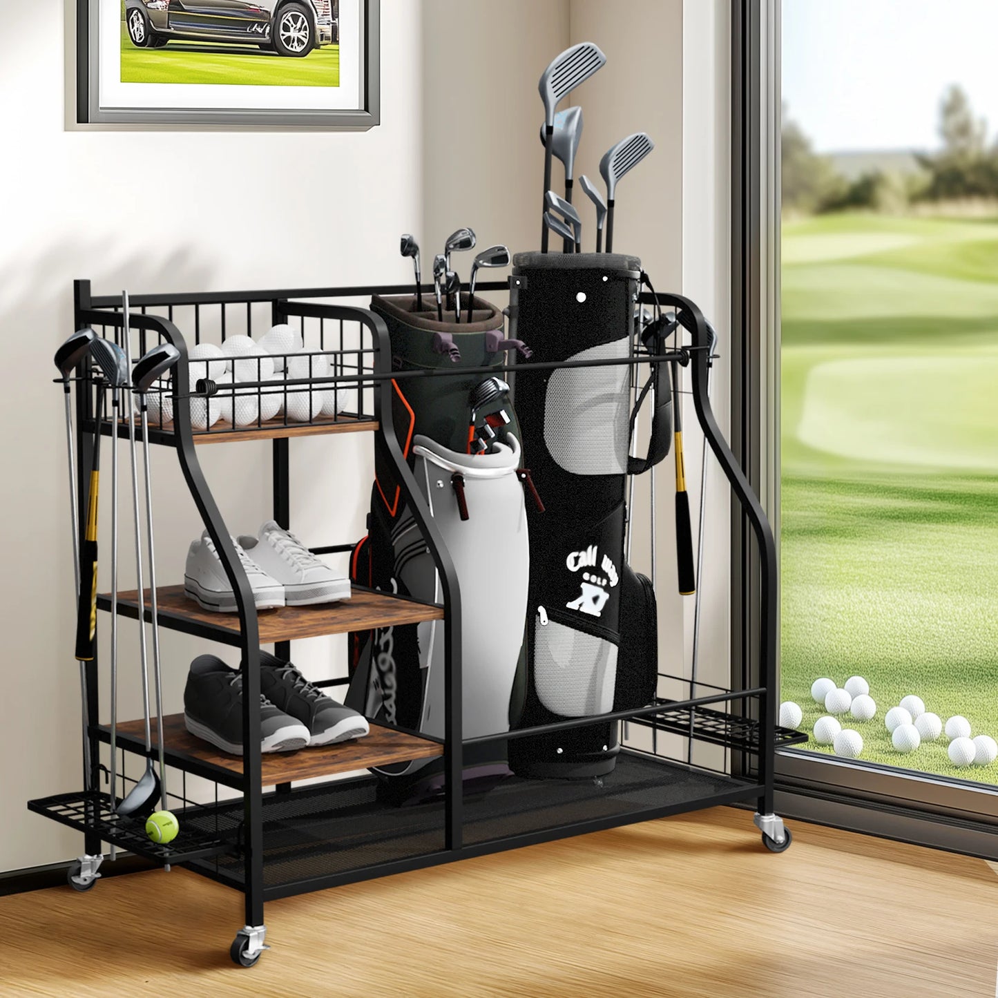 Rolling Golf Bags Storage Rack With Wheels 3 Tier Organizer