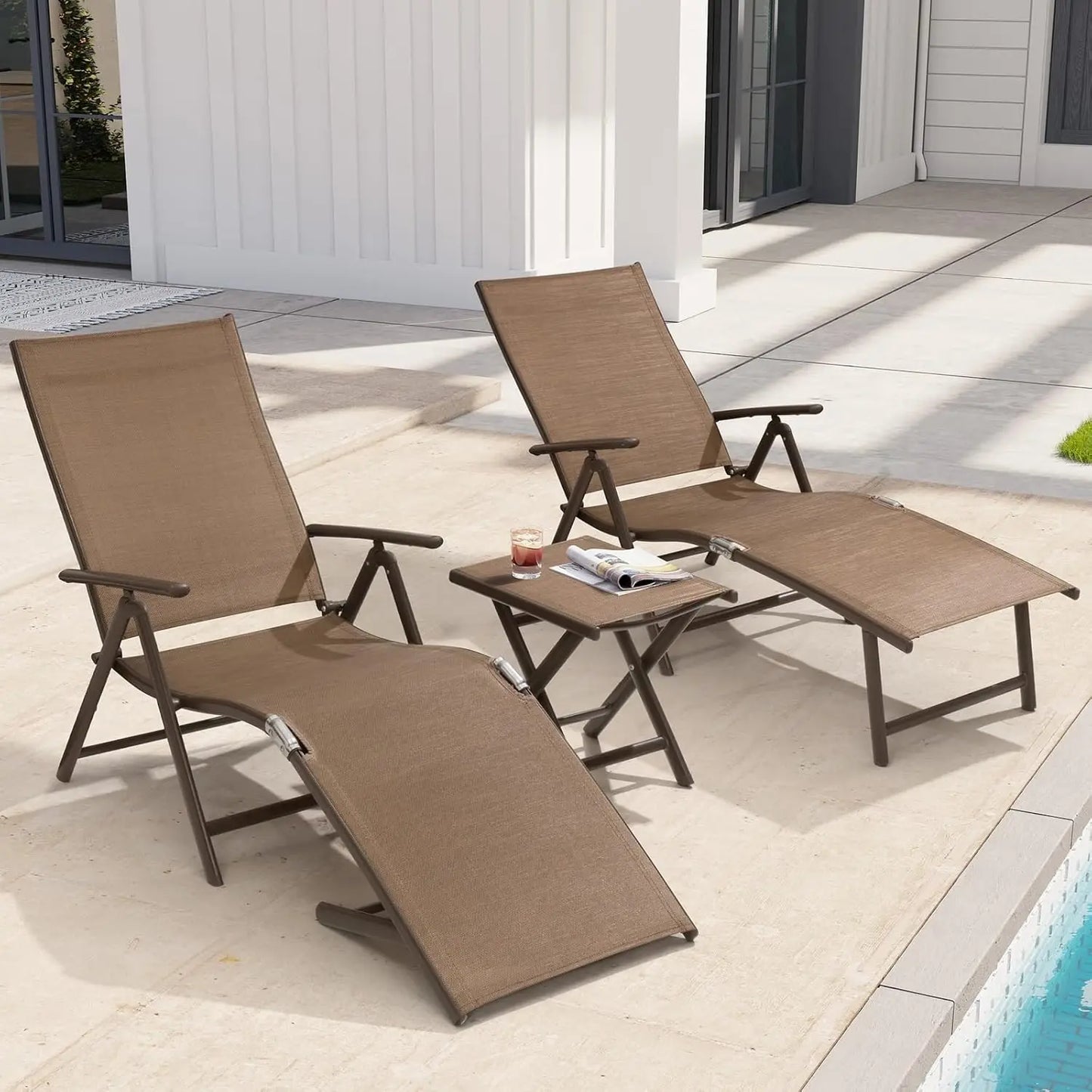 Adjustable 8-Position Aluminum Folding Chaise Lounge Outdoor Chair Set