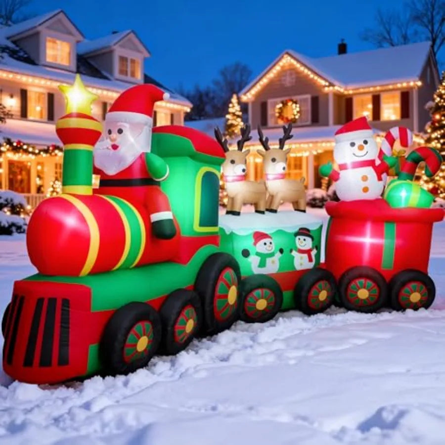 OLOEY Outdoor Christmas Inflatable Train With Santa Reindeer And Snowman