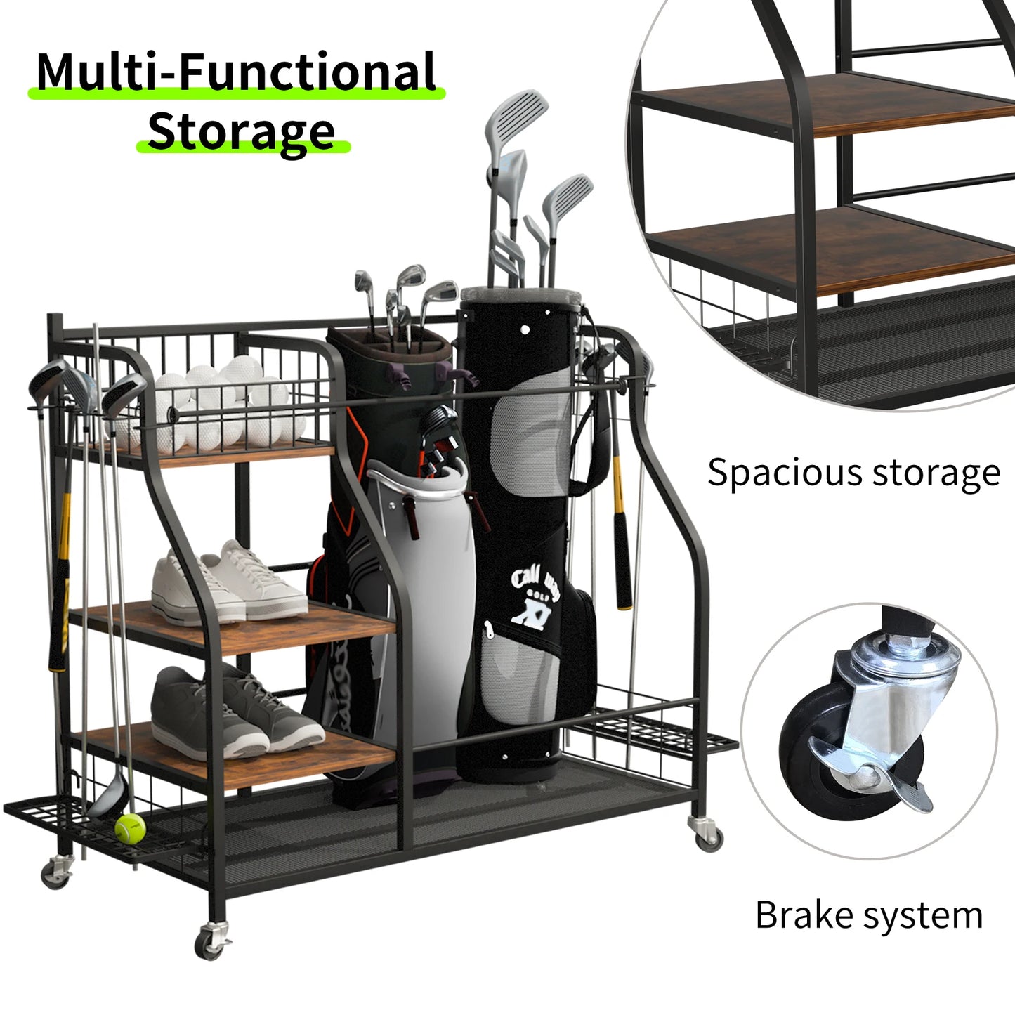 Rolling Golf Bags Storage Rack With Wheels 3 Tier Organizer