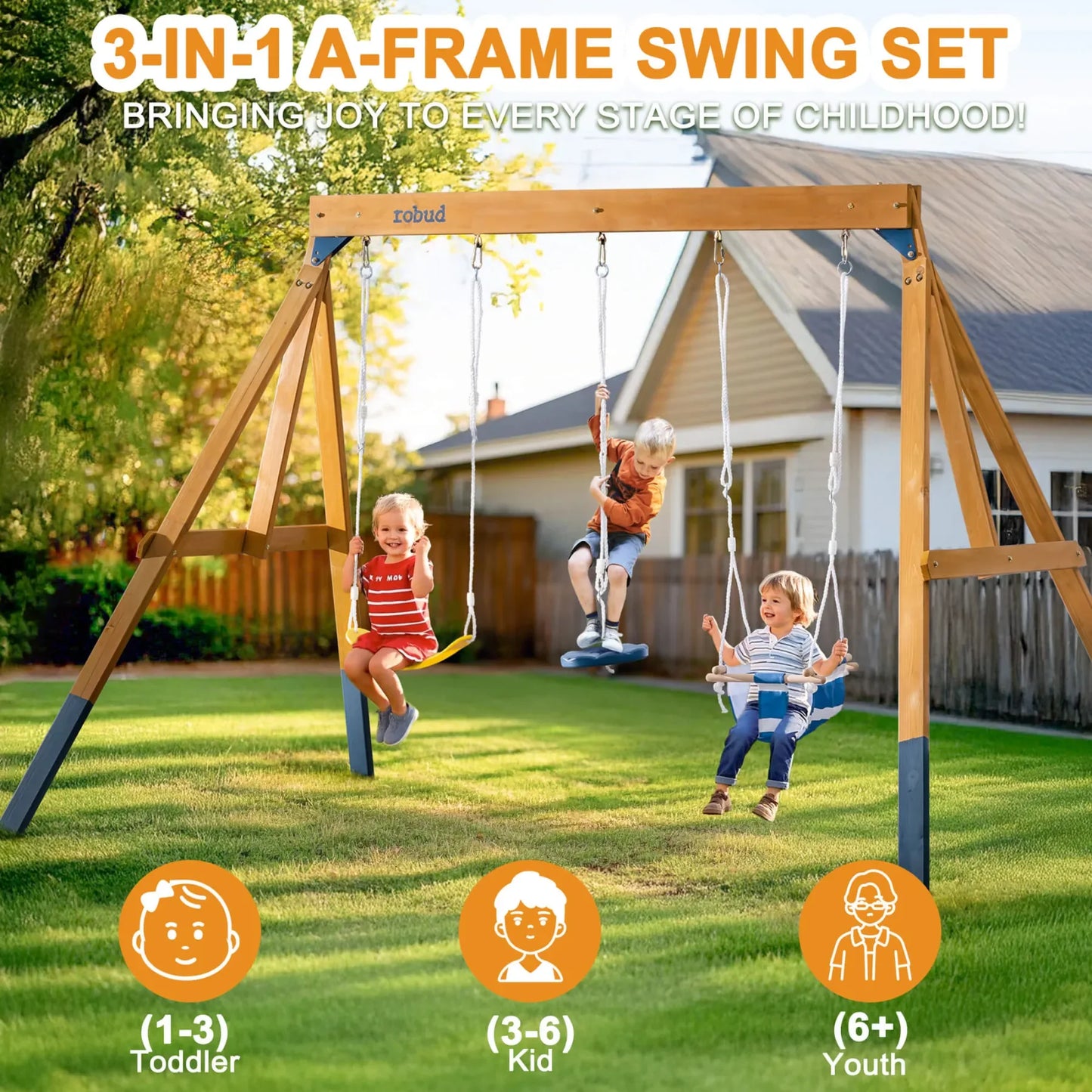 Robotime Robud 3-in-1 Playground Swing Set for Backyard Fun