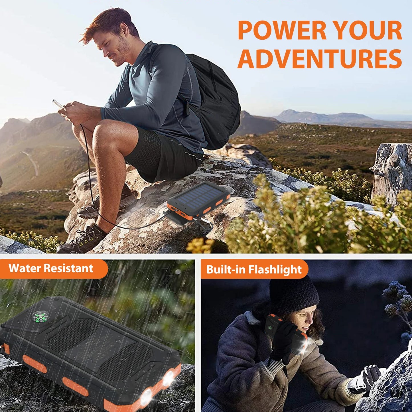 20000mAh Solar Power Bank Outdoor Waterproof Dual USB Ports