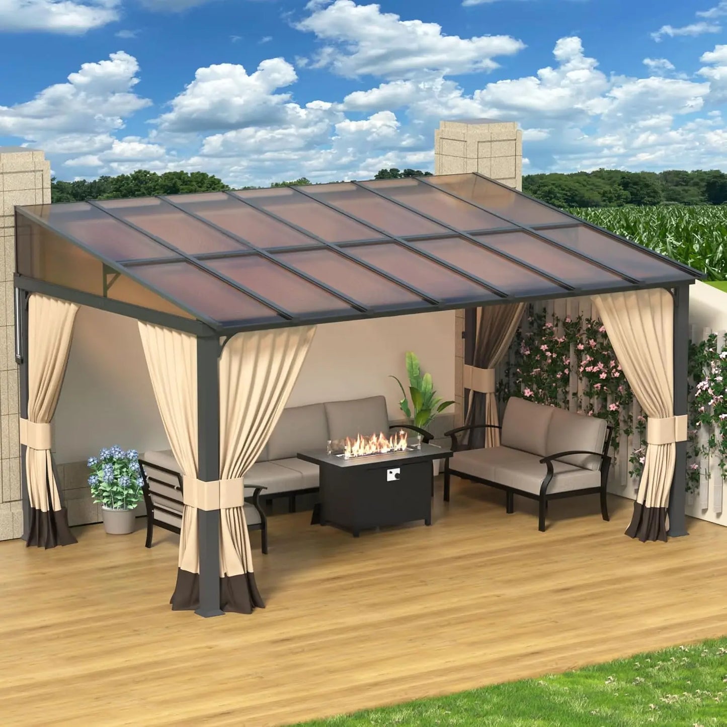 Lean To Gazebo Shelter With Curtains Outdoor Hardtop Pergola