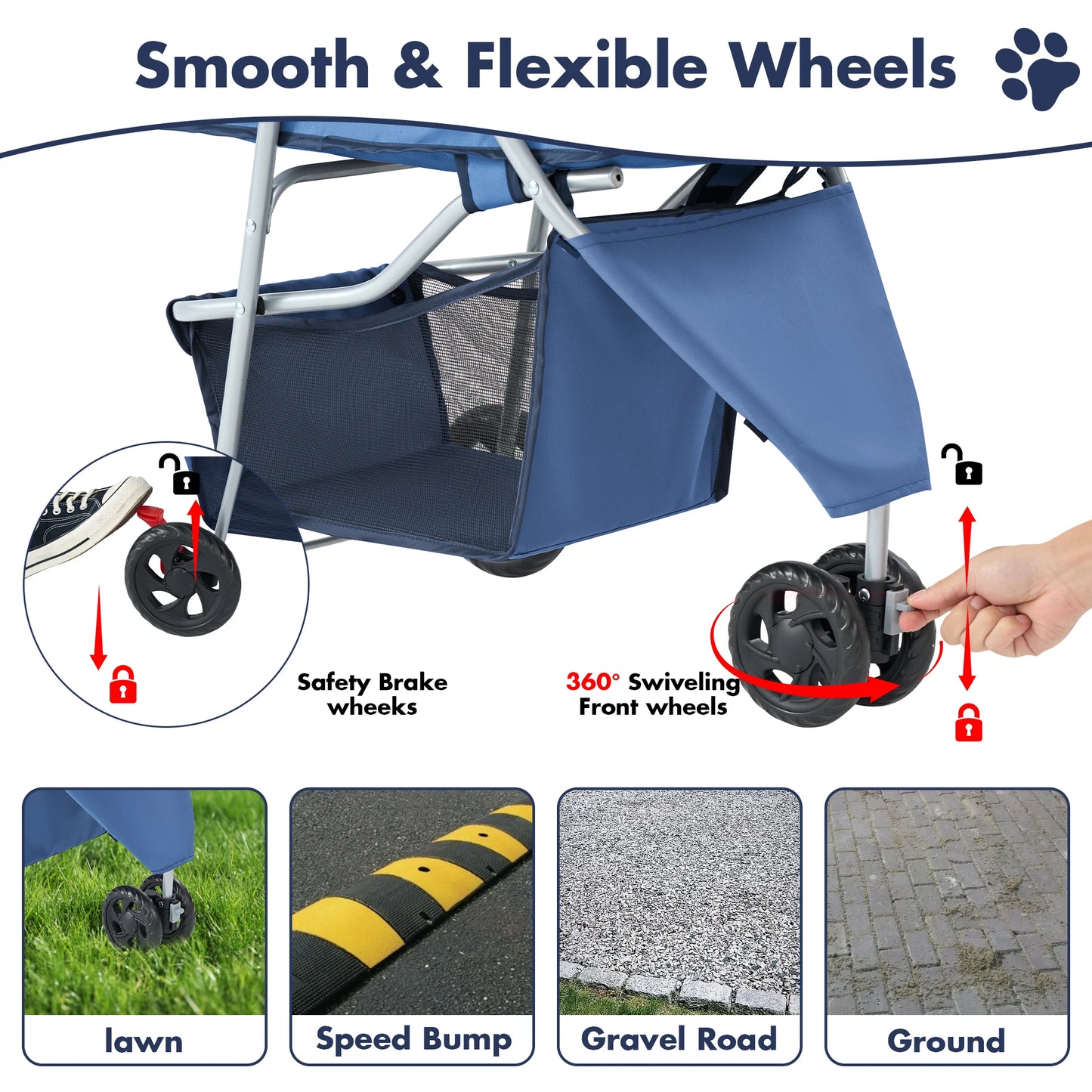 Foldable Three Wheel Pet Stroller For Small Dogs And Cats With Mesh Windows