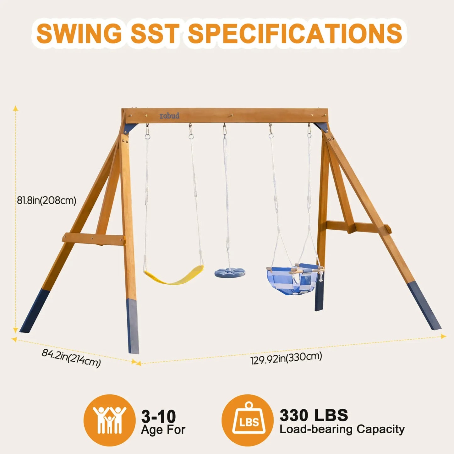 Robotime Robud 3-in-1 Playground Swing Set for Backyard Fun
