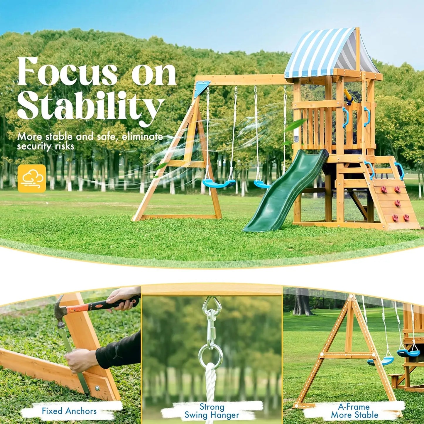 Rolife Robud Wooden Swing Set With Dual Swings And Fort