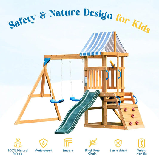 Rolife Robud Wooden Swing Set With Dual Swings And Fort