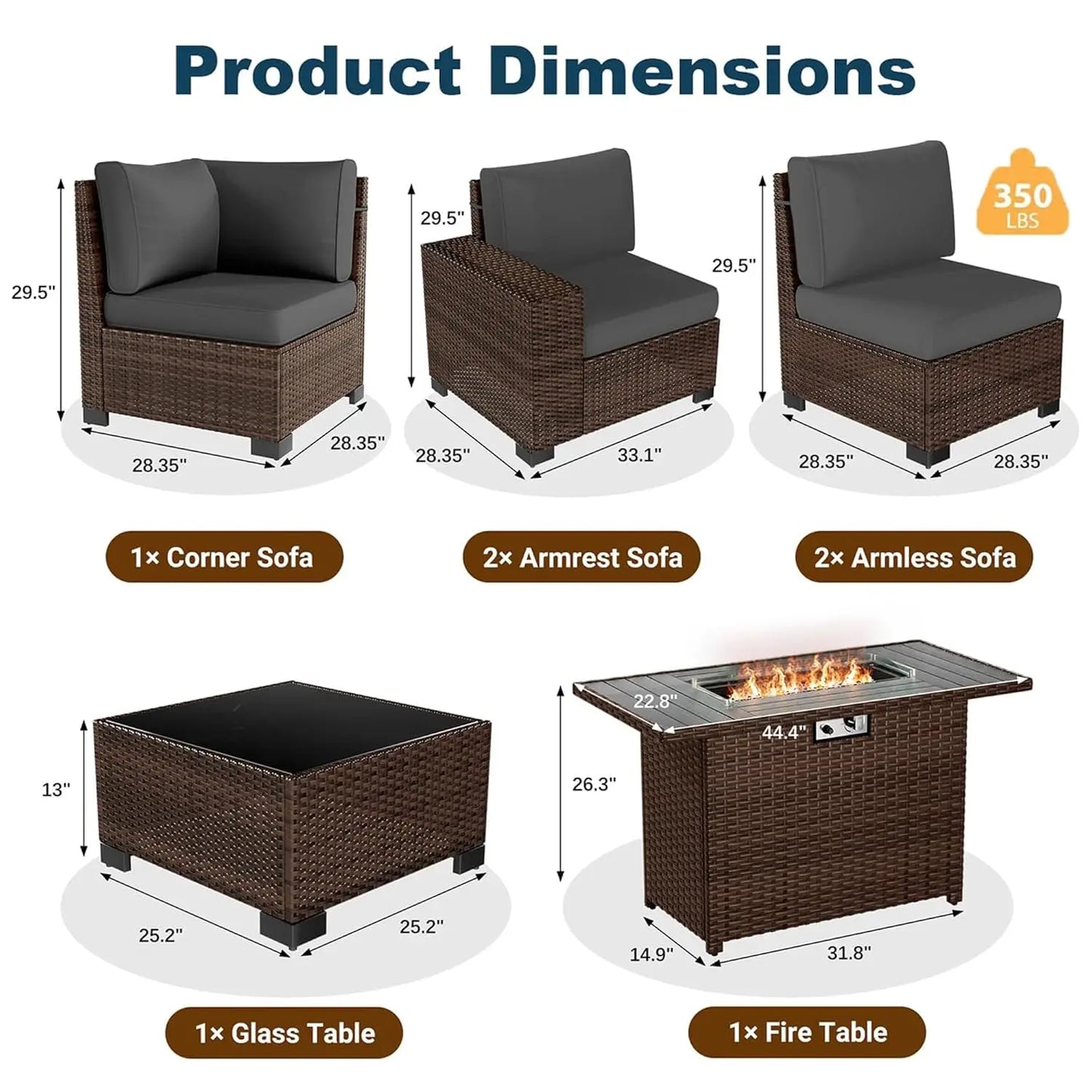 XIAOLANG Patio 7Piece Outdoor Wicker Sectional Set With Fire Pit